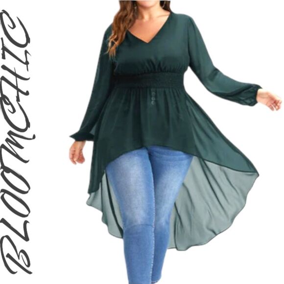 BLOOM CHIC PLUS SIZE  Forest Green Hi-Lo- Hem Sheer Top. - Picture 1 of 16